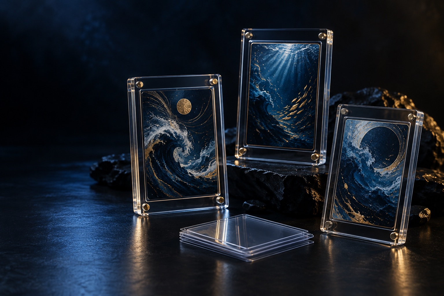 Concept artwork of ocean-inspired cards in clear acrylic holders